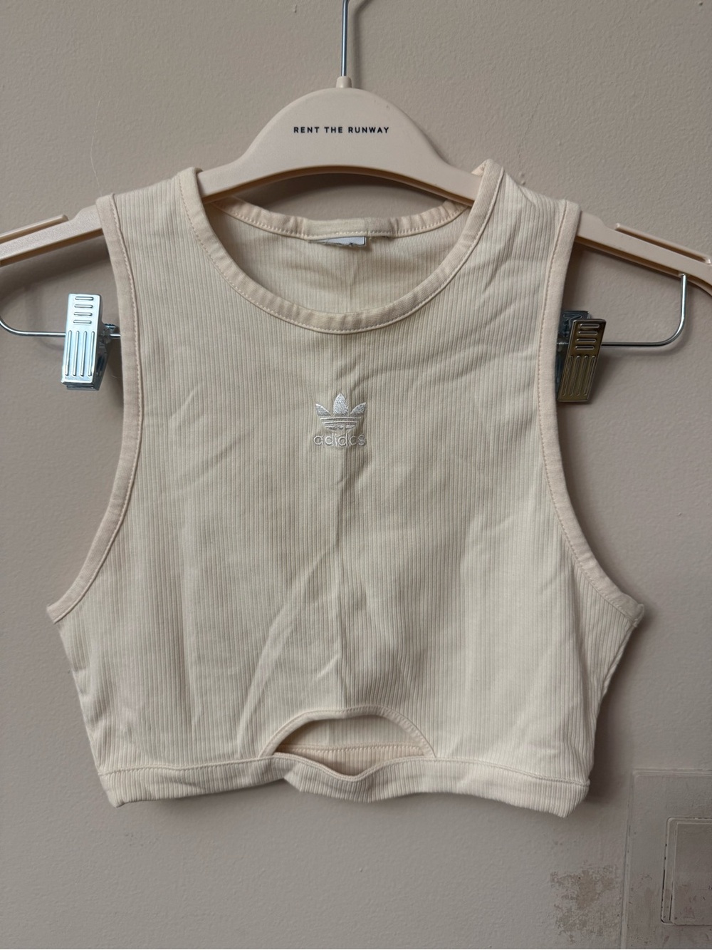 adidas Cream Ribbed Trefoil Cutout Crop Tank